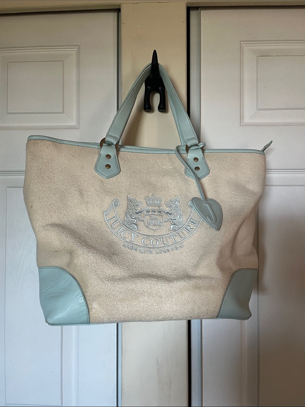 Juicy Couture Cream Canvas Tote with Light Blue Trim